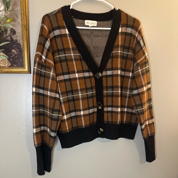 Marled Brown Plaid Cropped Cardigan Sweater XL Academia Preppy Cozy - Picture 3 of 6